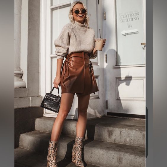 Beige Sweater with Brown Leather Mini Skirt